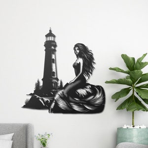 Enchanting Mermaid Metal Wall Art | Nautical Decor with Lighthouse | Coastal Wall Decor for Home | Unique Gift for Ocean Lovers