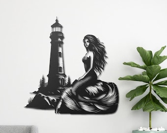 Enchanting Mermaid Metal Wall Art | Nautical Decor with Lighthouse | Coastal Wall Decor for Home | Unique Gift for Ocean Lovers