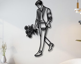 Man Line Art Metal Wall Art, Man Walking with Bouquet Wall Decor, Man Minimalist Metal Wall Art, Living Room Decor, Romantic Wall Decor