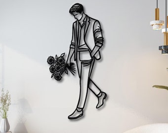 Man Line Art Metal Wall Art, Man Walking with Bouquet Wall Decor, Man Minimalist Metal Wall Art, Living Room Decor, Romantic Wall Decor