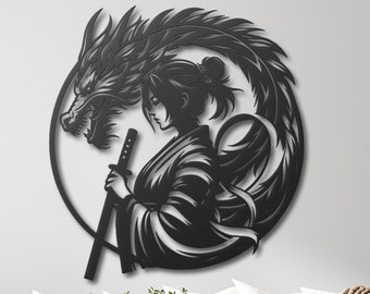 Japanese Woman with Dragon Wall Decor, Japanese Woman Warrior Metal Wall Art, Woman Samurai Dragon Decor, Dragon Wall Decor, Japanese Gifts