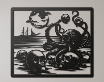 Octopus Skull Metal Wall Art, Octopus Skulls Metal Wall Decor, Gothic Wall Decor