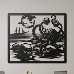 Octopus Skull Metal Wall Art, Gothic Home Decor, Nautical Wall Hanging, Steampunk Ocean Art for Living Room, Kraken Wall Decor