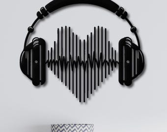 Headphones with Heartbeat Sound Wave Metal Wall Art - Minimalist Music Lover Gift - Music Room Decor - Music Studio Decor - Bedroom Decor