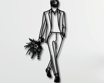 Minimalist Line Art Metal Wall Art, Man Walking with Bouquet Wall Decor, Unique Modern Wall Decor, Living Room Decor, Romantic Wall Decor