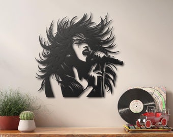 Elegant Popstar Metal Wall Art | Singing Woman with Microphone | Unique Music Room Decor | Metal Wall Decor for Music Lover | Gift for Girls