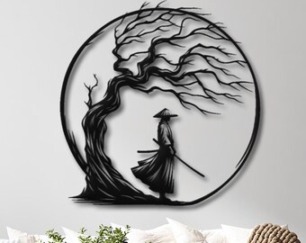 Samurai Metal Wall Art – Lone Warrior Under Tree Decor – Japanese Zen Decor – Martial Arts Gift – Alone Samurai Wall Decor