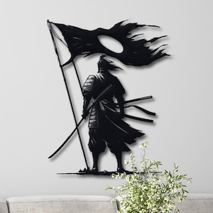 Samurai Metal Wall Art, Back-Facing Samurai with Sword & Flag, Japanese Decor, Zen Gift, Japanese Warrior Wall Decor, Samurai Wall Decor