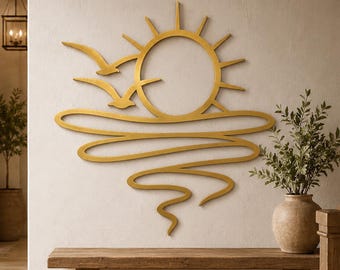 Sunrise and Ocean Metal Wall Art, Beach House Art, Coastal Sunset Patio Decor, Sun and Wave Metal Art, Boho Sunrise Silhouette