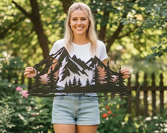 Mountain Forest Metal Wall Art, Black Aesthetic Nature Decor, Minimalist Modern Landscape Home Gift, Farmhouse Decor, Fireplace Wall Decor