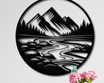 River & Mountain Metal Wall Art – Minimalist Landscape Wall Decor – Nature Inspired Metal Artwork – Living Room Decor