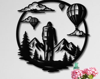 Hiker Metal Wall Art, Mountain and Hot Air Balloon Sign, Adventure Gift, Circular Nature Decor, Travel Lover Decoration, Wanderlust Artwork