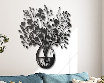 Metal Wildflower Vase Wall Art - Rustic Floral Home Decor - Boho Wall Hanging - Glass Vase Metal Artwork - Housewarming Gift