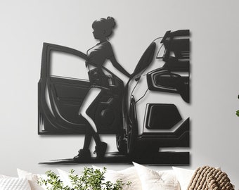 Sports Car Metal Wall Art, Girl with Car Wall Decor, Garage Wall Decor, Metal Garage Sign, Racer Gifts, Gift for Brother, Man Cave Decor