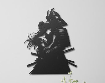 Geisha Samurai Metal Wall Art, Samurai Geisha Love Decor, Japanese Wall Art, Japanese Gifts, Japan Bedroom Decor, Asian Romantic Decor