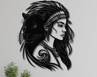 Tribal Woman Panther Metal Wall Art, Boho Warrior Decor, Southwestern Animal Spirit Wall Hanging, Native Inspired Art