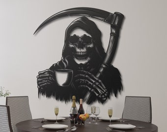 Skeleton Drinking Coffee Metal Wall Art, Gothic Coffee Bar Decor, Grim Reaper Decor, Gothic Shop Decor, Skeleton Kitchen Decor, Gothic Room