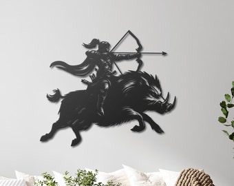 Warrior on Wild Boar Metal Wall Art, Archer Warrior Metal Wall Decor, Epic Battle Scene, Man Cave Decor,  Archer Riding Wild Boar Metal Art