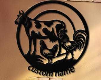 Personalized Farmhouse Metal Wall Art, Custom Farm Animal Sign, Family Ranch Decor, Cow Horse Chicken Wall Hanging