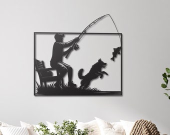 Metal Wall Art of Man Fishing with Dog,  Rustic Fisherman Decor, Lakehouse Wall Decor, Farmhouse Decor, Unique Fishing Gift for Dog Lovers