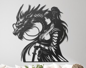 Japanese Woman with Dragon Wall Art, Japanese Warrior Metal Wall Decor, Woman Samurai Dragon Decor, Dragon Wall Decor, Japanese Gifts