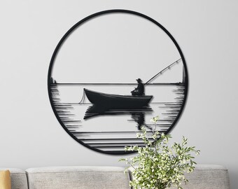 Boatman Metal Wall Decor, Fishing Lover Gift, Lakehouse Wall Decor, Boatman Wall Decor, Minimalist Lake Landscape Decor