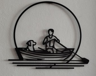 Minimalist Boatman Metal Wall Art, Man Rowing Boat with Dog, Ferryman Line Art, Unique Home Decor, Gift for Dog Lover, Minimalist Sailor Art