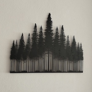 Arte de pared de metal de pinos, decoración de pared de metal de pinos, decoración de granja, letrero de bosque de pinos, decoración de chimenea, decoración de pared grande al aire libre, letrero de pino