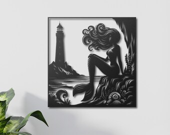Elegant Mermaid Metal Wall Art, Lighthouse Wall Art, Unique Coastal Decor, Metal Art for Ocean Lovers, Perfect Nautical Gift, Mermaid Art