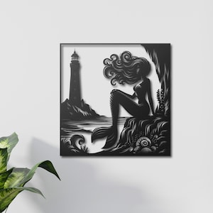 Elegant Mermaid Metal Wall Art, Lighthouse Wall Art, Unique Coastal Decor, Metal Art for Ocean Lovers, Perfect Nautical Gift, Mermaid Art
