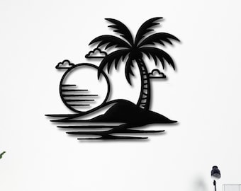 Palm Tree Metal Wall Art, Tropical Island Decor, Beach House Sign, Ocean Sunset Art, Coastal Hanging, Summer Vibes Gift, Tiki Bar Decoration