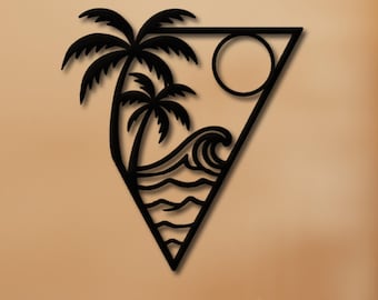 Geometric Beach Metal Wall Art, Triangle Ocean Wave Sign, Palm Tree Sunset Decor, Coastal Minimalist Hanging, Tropical Surfer Gift