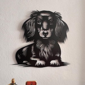 Arte de pared de metal con Dachshund de pelo largo, decoración de pared de metal con Dachshund de pelo largo, regalos para amantes de los perros, hermosa decoración para el hogar con Dachshund