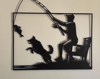 Metal Wall Art of Man Fishing with Dog, Rustic Fisherman Decor, Lakehouse Wall Decor, Farmhouse Decor, Unique Fishing Gift for Dog Lovers