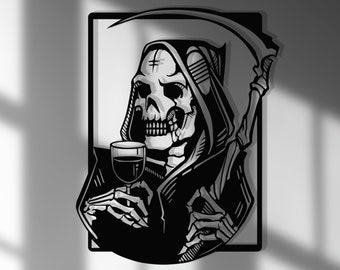 Skeleton Drinking Wine Metal Wall Art,Grim Reaper Wall Decor,Halloween Gift Room Decor,Halloween Metal Sign,Gothic Kitchen Wall Decor