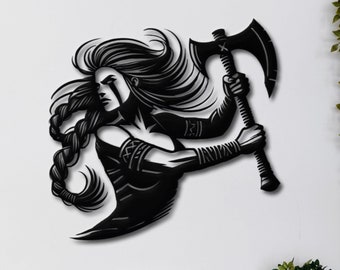 Viking Woman Holding an Axe Metal Wall Art, Viking Warrior Metal Wall Art, Nordic Scandinavian Wall Decor, Scandinavian Norse Wall Sculpture