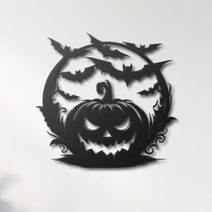 Halloween Pumpkin Metal Wall Art | Bat Flying Design | Spooky Halloween Decor | Scary Pumpkin Wall Hanging | Unique Halloween Gift
