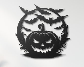 Halloween Pumpkin Metal Wall Art | Bat Flying Design | Spooky Halloween Decor | Scary Pumpkin Wall Hanging | Unique Halloween Gift