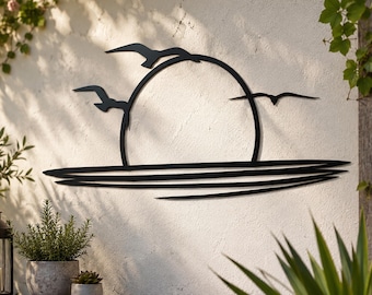 Sunrise Metal Wall Art, Coastal Sunset Patio Decor, Sun and Wave Metal Art, Beach House Art, Boho Sunrise Silhouette