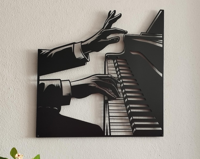 Featured listing image: Piano Player Metal Wall Art, Piano Keyboards Decor, Modern Art for Music Lovers, Music Gift Idea, Bedroom Wall Decor, Music Room Decor