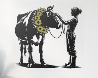 Farmer Woman with Cow Metal Wall Art, Shephard Girl Wall Decor, Rustic Farmhouse Decor, Cow with Flower Decor, Living Room Decor