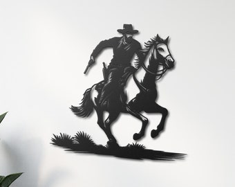 Metal Wall Art of Cowboy Chasing Bandit, Western Decor for Home, Rustic Cowboy Art, Metal Art Gift for Western Lovers, Cowboy Wall Decor