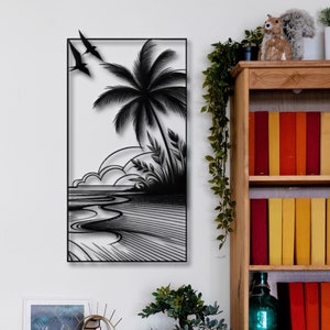 Beach Scene Metal Wall Art | Palm Trees, Ocean & Flying Seagulls | Coastal Home Decor | Tropical Wall Art for Living Room or Office