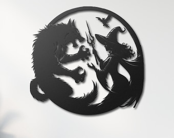 Witch and Werewolf Battle Metal Wall Art | Halloween Wall Decor | Fantasy-Themed Home Decor | Halloween Wall Art | Witchcraft Wall Art