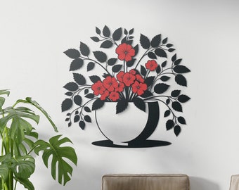 Red Flowers Metal Wall Art, Flower in Pot Metal Wall Art, Flower Metal Wall Sign, Gift for Mom, Kitchen Wall Decor, Living Room Decor