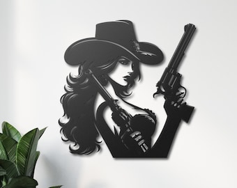 Cowgirl Metal Wall Decor, Western Decor, Cowgirl with Revolvers Art, Cowboy Woman Metal Wall Decor, Western Wall Decor, Bedroom Wall Decor