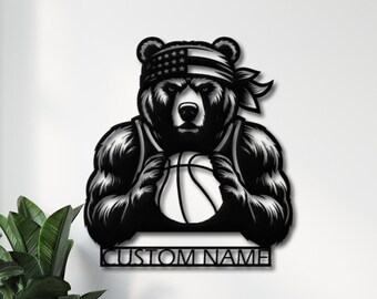 Custom Bear Basketball Wall Art | Personalized Metal Decor for Sports Lovers | Unique Gift for Kids’ Room or Sports Fan Decor | Man Cave