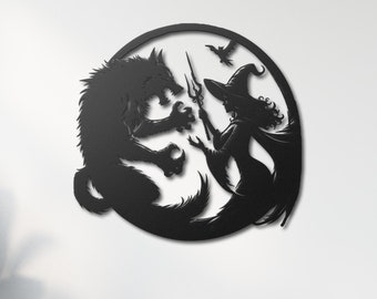 Witch and Werewolf Battle Metal Wall Art | Halloween Wall Decor | Fantasy-Themed Home Decor | Halloween Wall Art | Witchcraft Wall Art