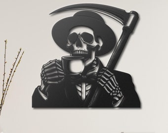 Skeleton Drinking Coffee Metal Wall Art, Grim Reaper Decor, Gothic Coffee Bar Decor, Gothic Shop Decor, Skeleton Kitchen Decor, Gothic Room