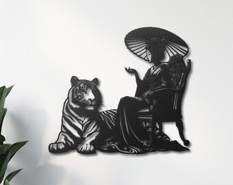Geisha with Tiger Metal Wall Art, Geisha Wall Art, Geisha Tiger Wall Decor, Japanese Wall Art, Geisha Metal Wall Art, Japanese Woman Decor